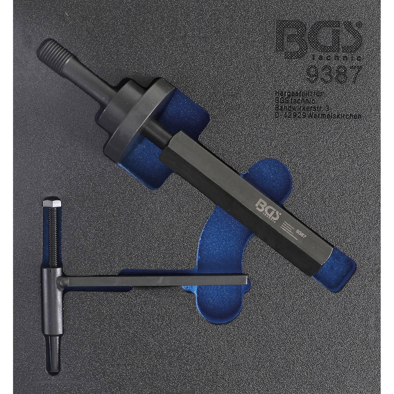 Ein Werkzeugsatz mit der Bezeichnung 'BGS technic 9387' wird präsentiert, der zwei schwarze und blaue Werkzeuge für automotive Zwecke vor einem einfarbigen Hintergrund zeigt.