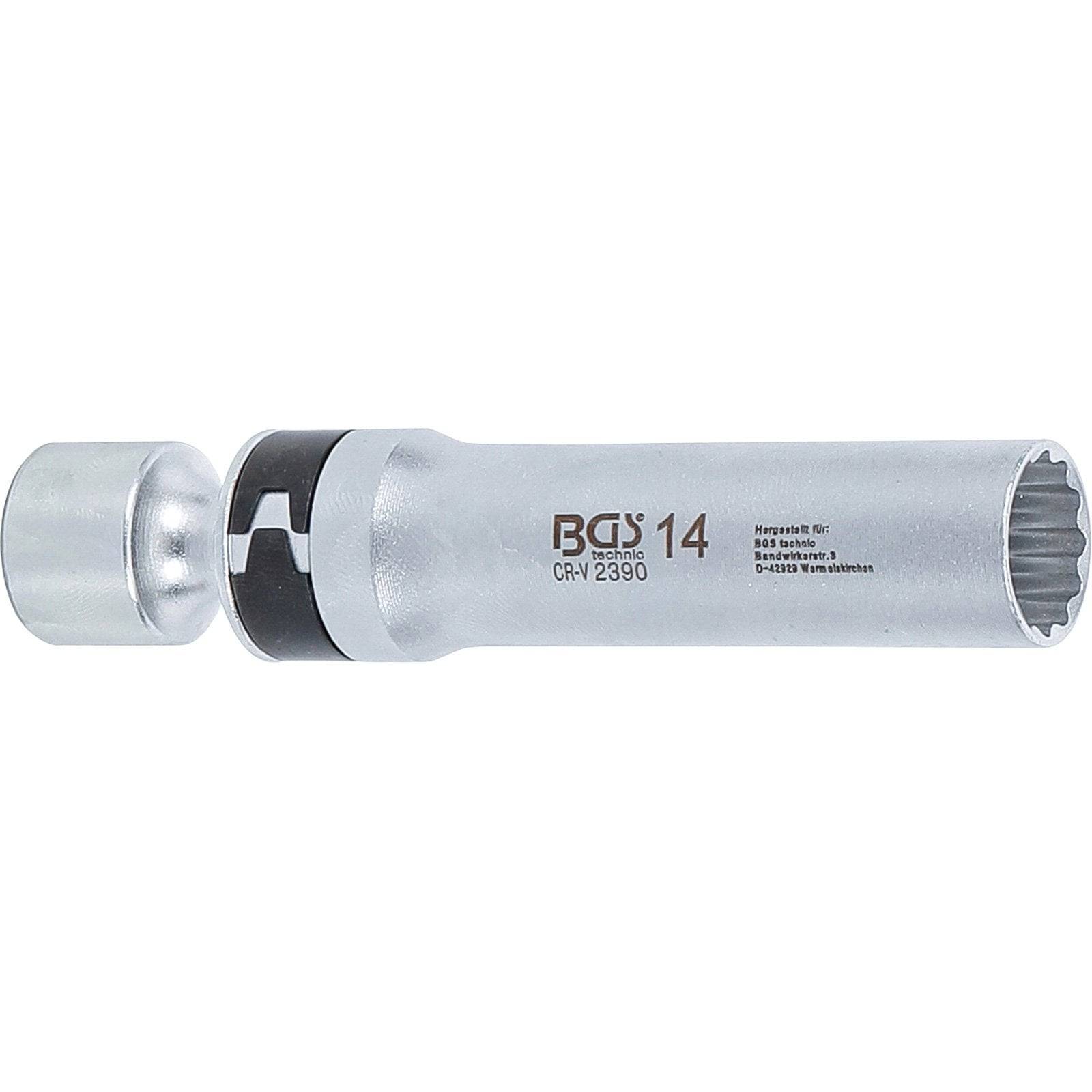 Ein BGS 14 Zündkerzenschlüssel, Modell CR-V 2390, mit 3/8-Zoll-Antrieb, entwickelt für 16-mm-Zündkerzen, mit Chrom-Finish.