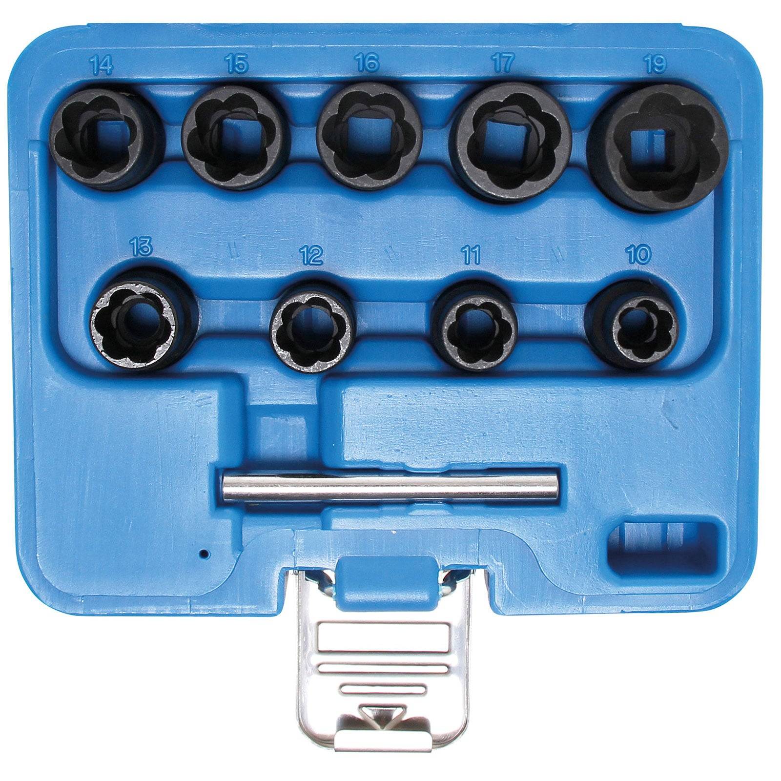 Ein blauer Werkzeugkoffer, der acht schwarze Steckschlüssel in zwei Reihen enthält, wobei jeder mit Nummern von 10 bis 19 beschriftet ist. Ein Metallgriff ist darunter positioniert.
