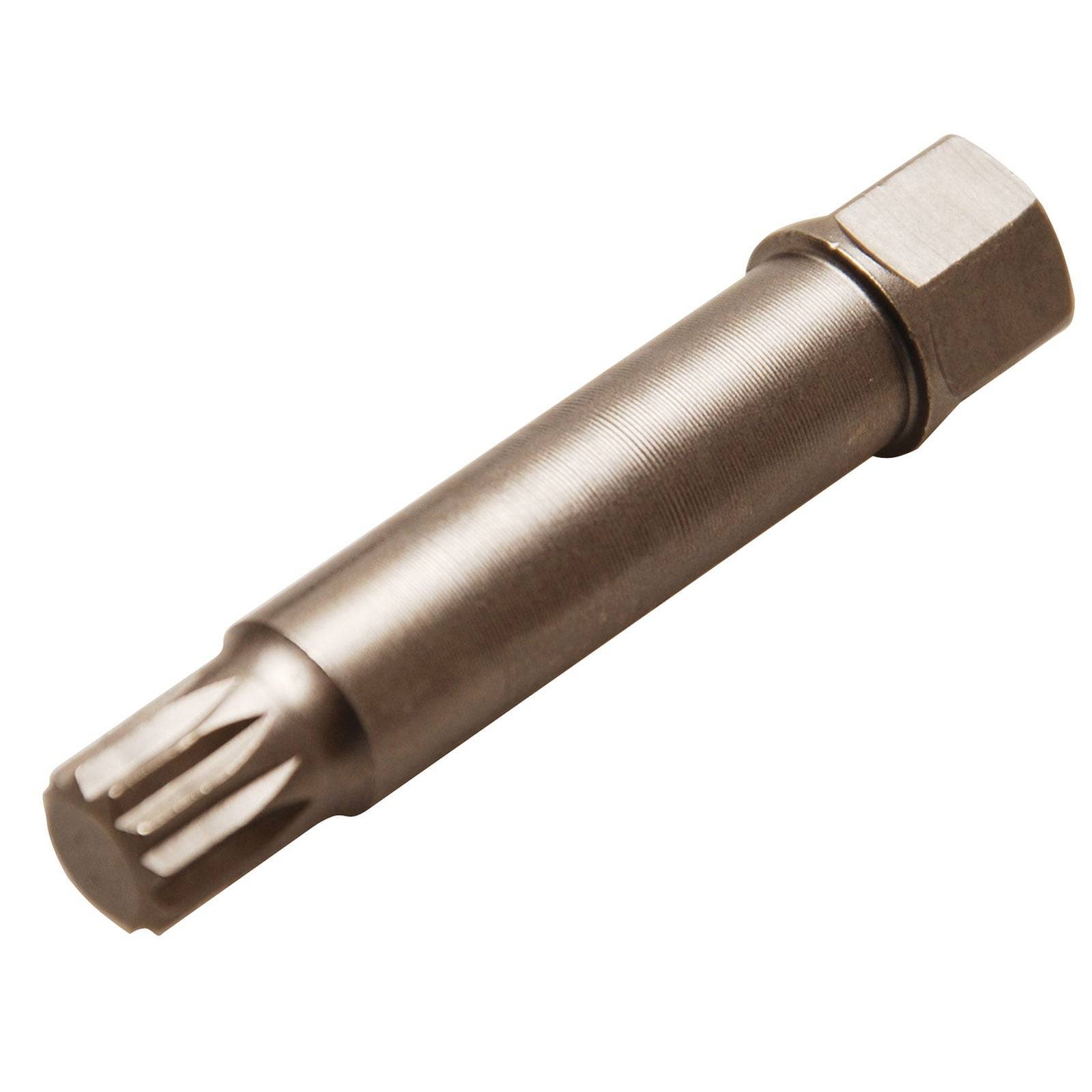 Ein zylindrischer Metallwerkzeug mit sechseckigem Kopf und gerillter Spitze, möglicherweise für mechanische oder technische Zwecke verwendet.