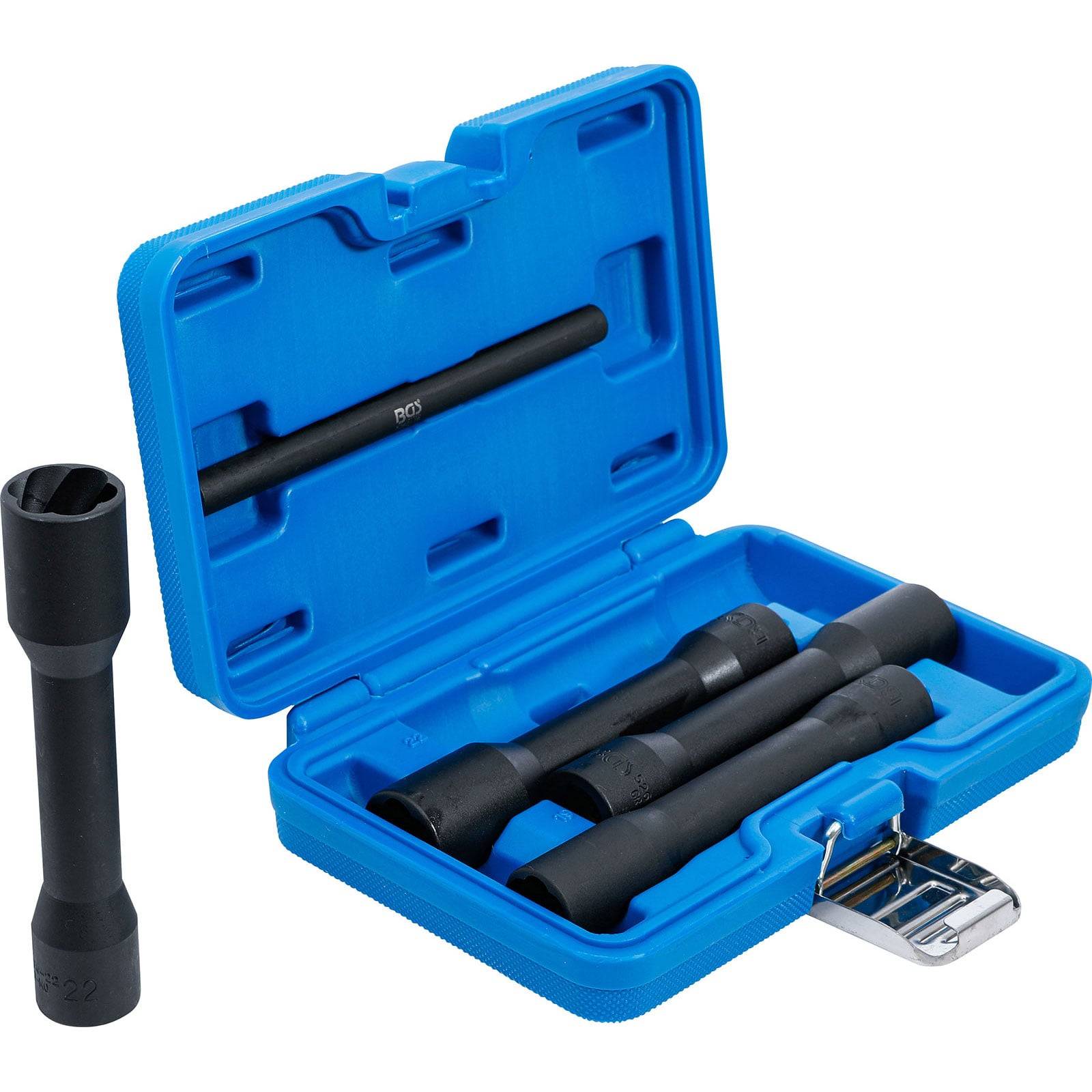 Ein blauer Transportkoffer mit fünf schwarzen Tiefenfächern. Ein Fach ist aufrecht außerhalb des Koffers positioniert. Der Koffer verfügt über einen Metallverschluss.