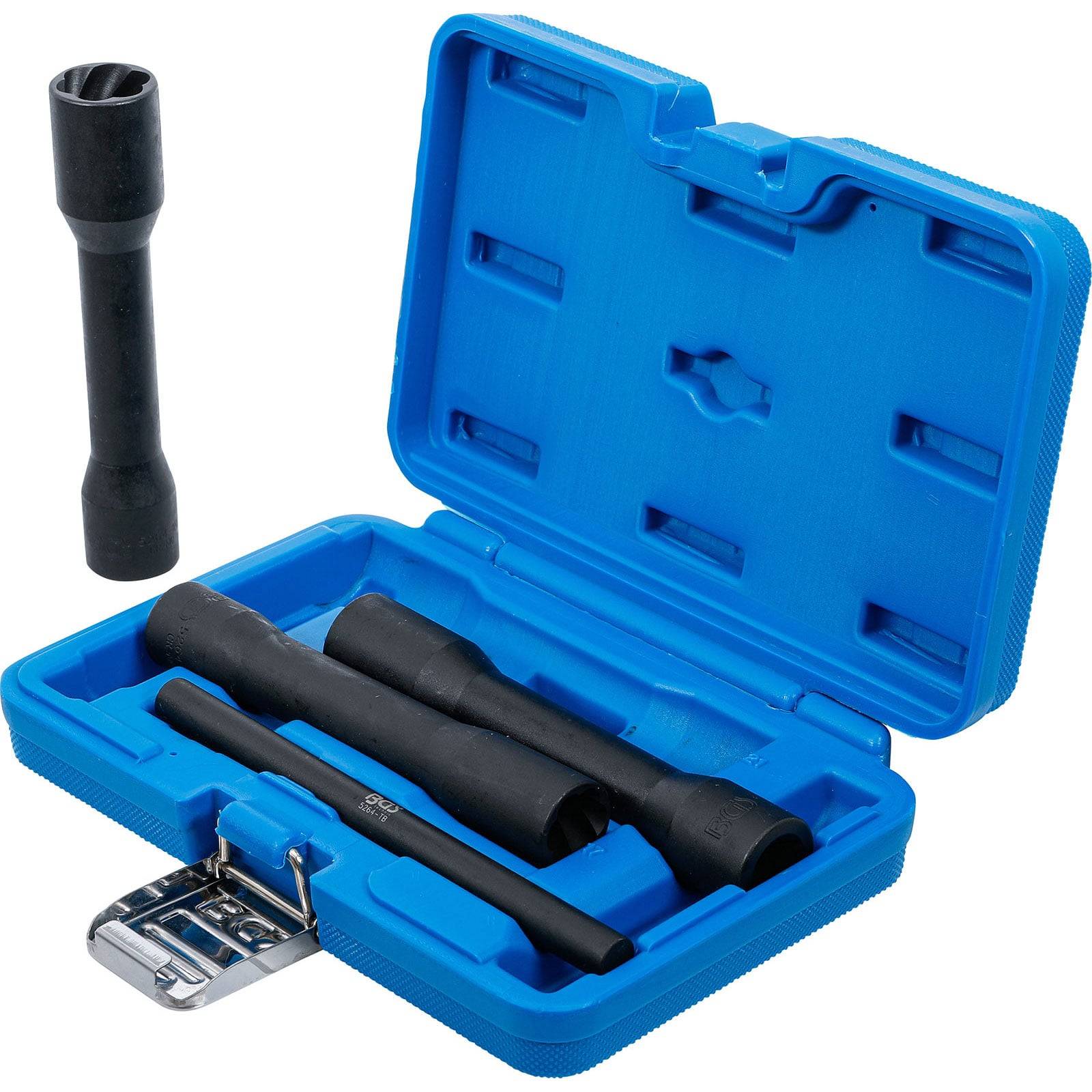 Eine blaue Plastikbox mit vier schwarzen Schlagschraubereinsätzen, die zum Wechseln von Reifen verwendet werden. Ein Einsatz steht außerhalb der Box aufrecht.