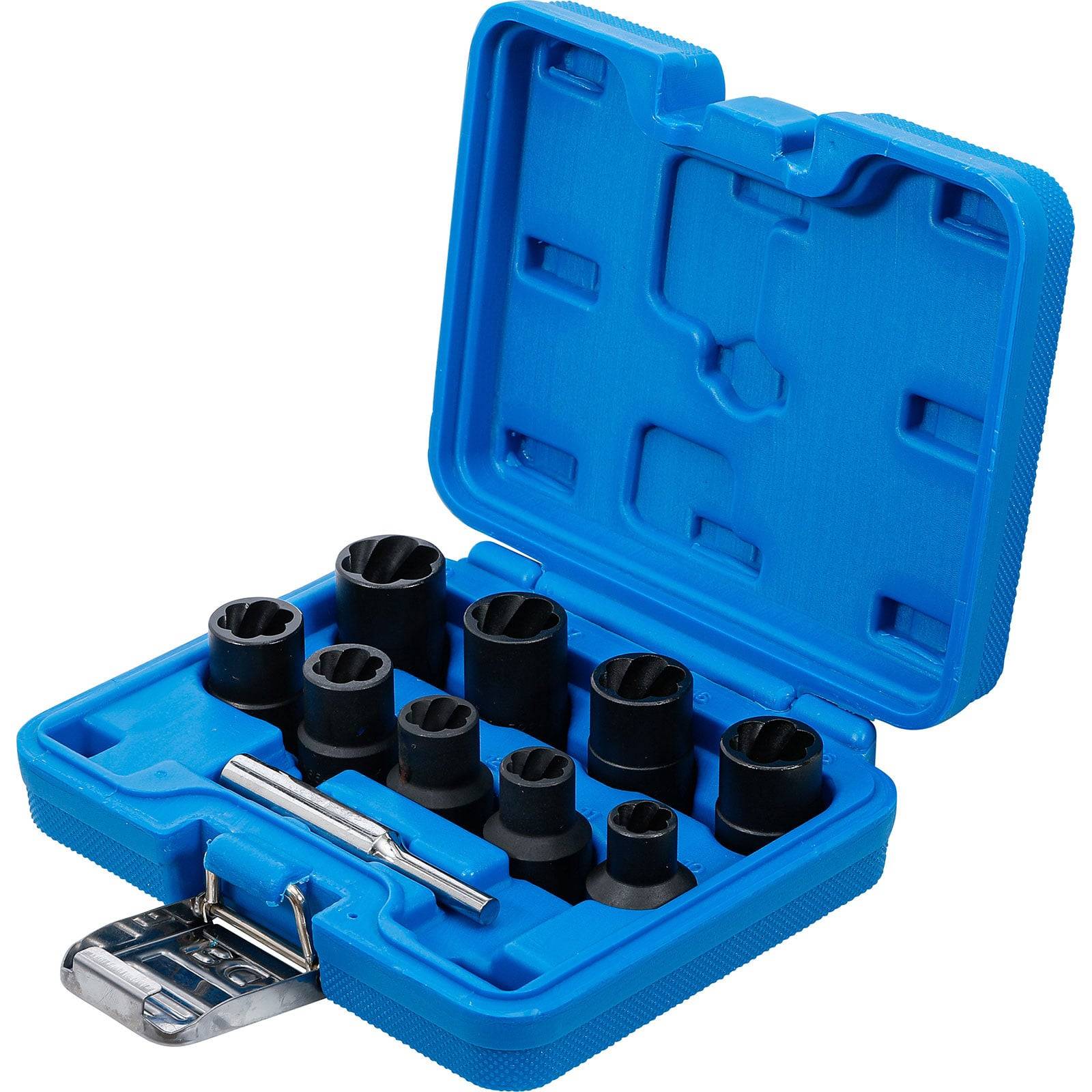Eine blaue Plastikbox, die verschiedene Größen von schwarzen Steckschlüsseln und eine Metallverlängerung enthält, geöffnet, um die Werkzeuge innen zu zeigen.