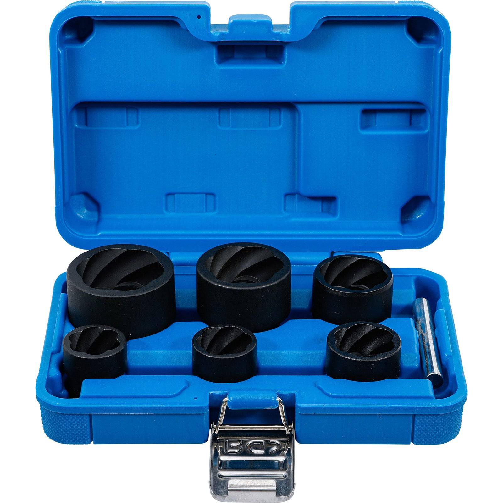 Ein blauer Koffer mit Fächern, in denen ein Set von sechs schwarzen Rohrentgratungswerkzeugen und ein silberner Griff untergebracht sind, konzipiert zum Glätten von Rohrkanten.