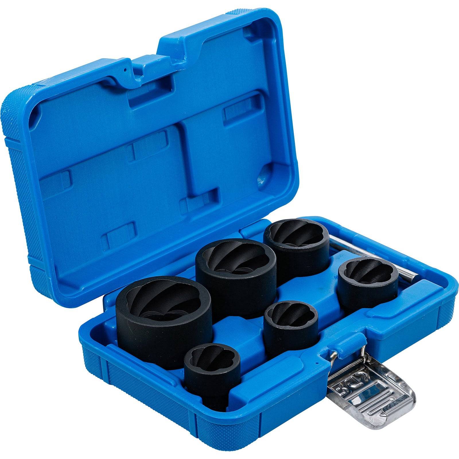 Blauer Kunststoffbehälter mit acht schwarzen runden Werkzeugen, möglicherweise Kurbelwellenumlenkrollen, jeweils mit unterschiedlichen Durchmessern, in Schlitzen angeordnet.