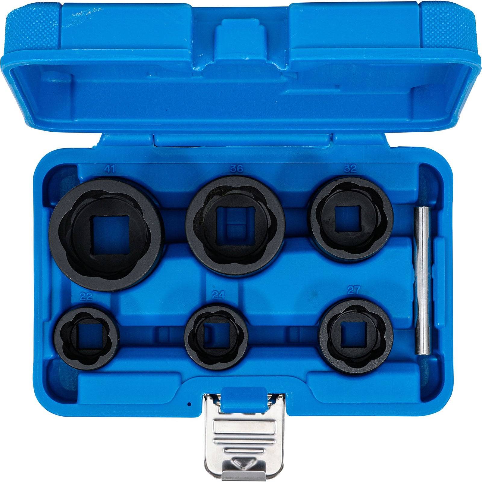 Ein blauer Plastikwerkzeugkoffer geöffnet, der sechs schwarze Steckschlüssel unterschiedlicher Größen zeigt, die ordentlich angeordnet sind, mit einer Metallverschluss zum Schließen.