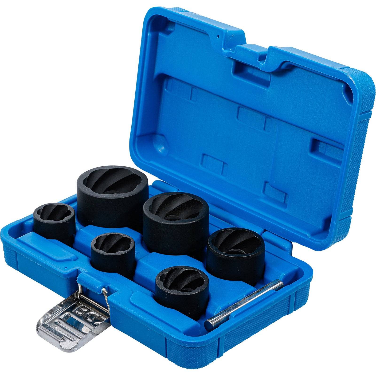 Eine blaue Plastikbox mit verschiedenen schwarzen Schraubenausbrechern und einem Metallstift, der zum Entfernen oder Lösen beschädigter Schrauben verwendet wird.