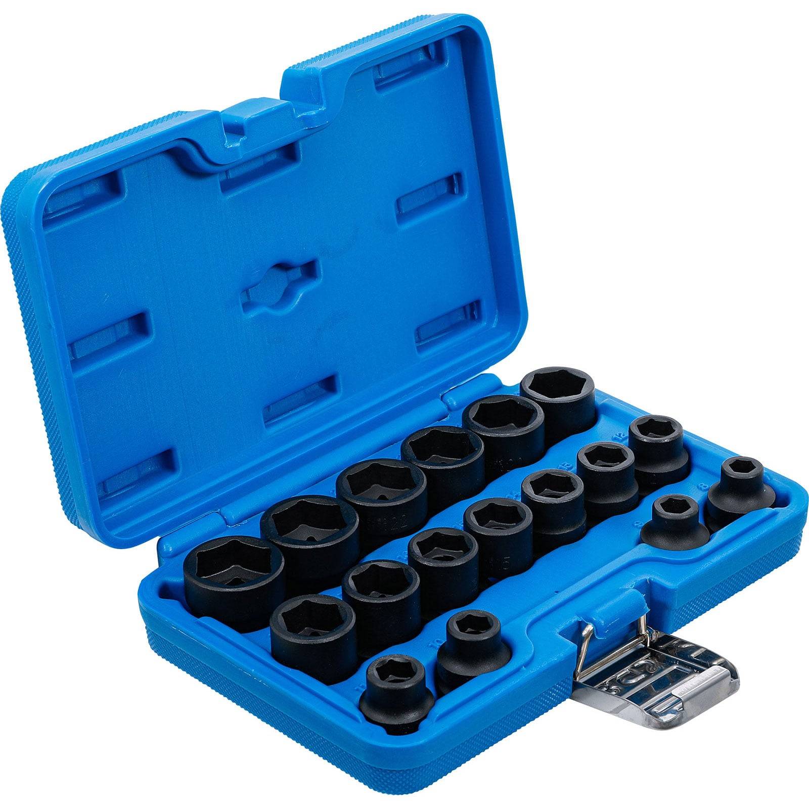 Eine blaue Kiste, die einen Satz schwarzer Schlagschraubernüsse enthält, die in zwei Reihen organisiert sind. Die Kiste ist geöffnet und zeigt Nüsse in verschiedenen Größen.