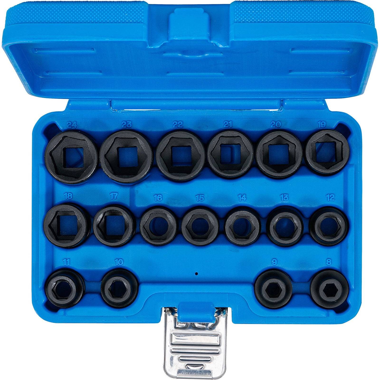 Ein blauer Werkzeugkoffer, der einen Satz von 15 kreisförmigen Schneideeinsätzen in geordneten Reihen enthält, mit markierten Größen von 4 bis 23.