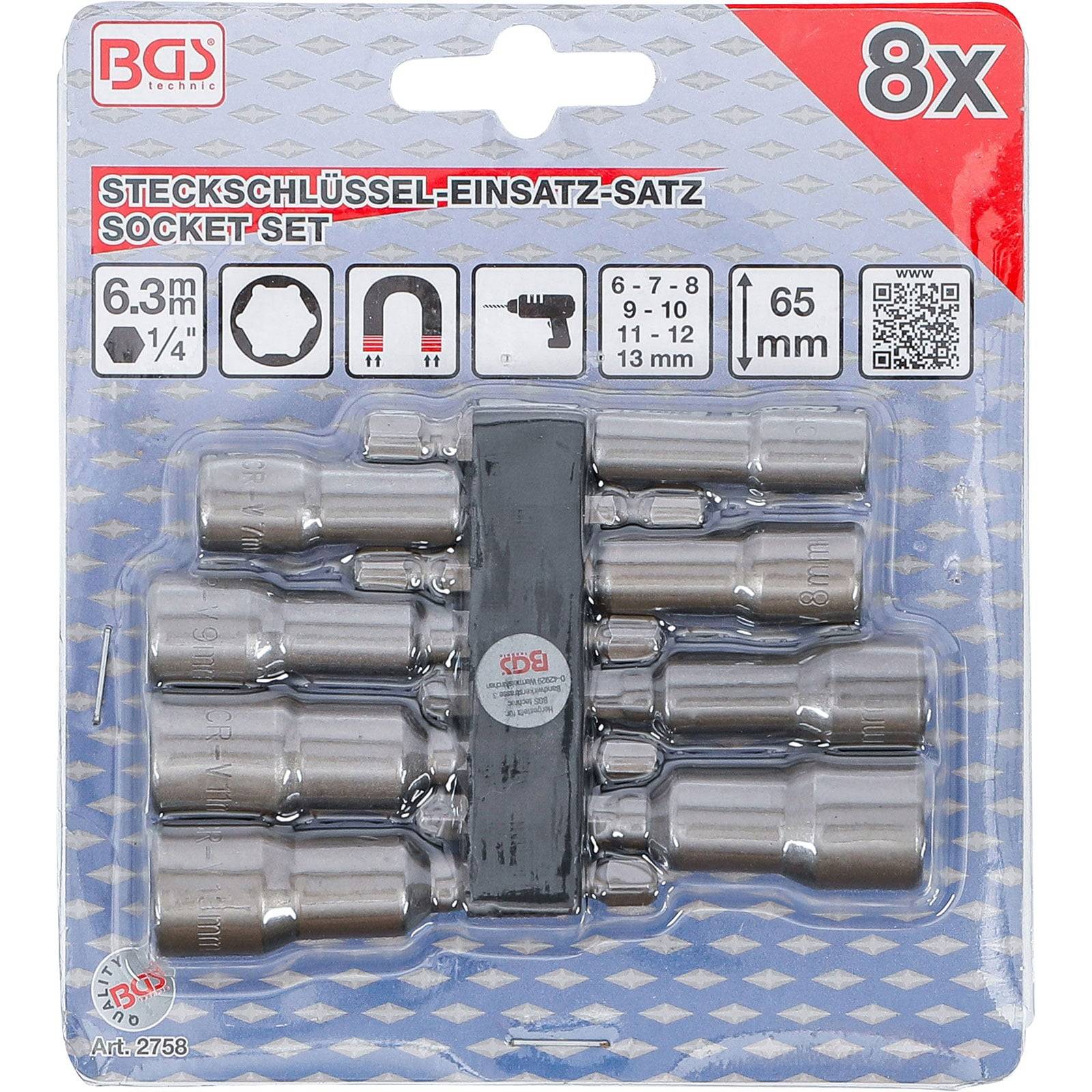 8x Steckschlüsselsatz' beschriftet in Englisch und Deutsch, enthält 6,3mm-Steckschlüssel in den Größen 6, 7, 8, 9, 10, 11, 12, 13mm, mit einem 65mm-Adapter. Marke: BGS.