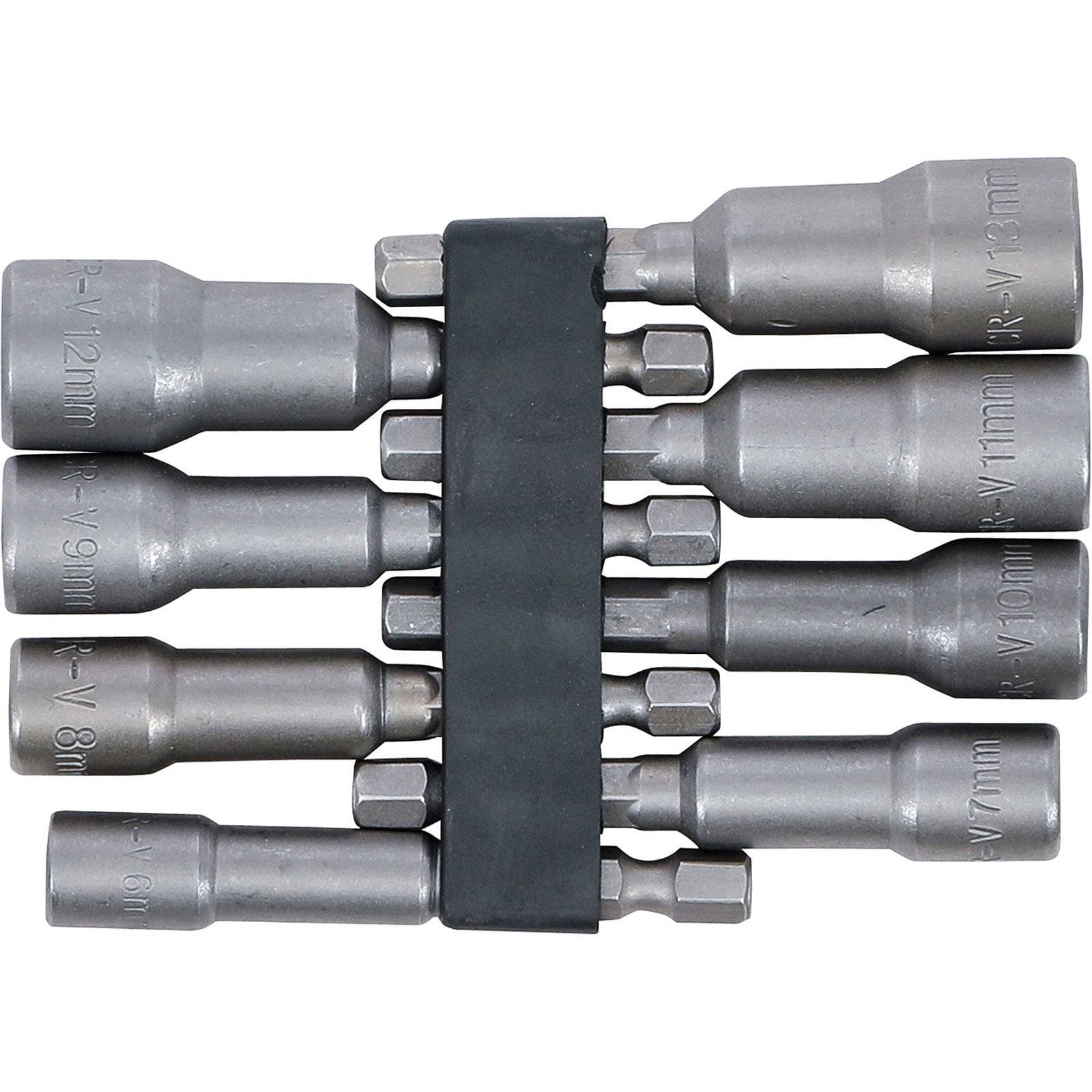 Ein Satz von sechs metallischen Innensechskant-Bits mit einem schwarzen Organizer-Band, beschriftet mit verschiedenen metrischen Größen.
