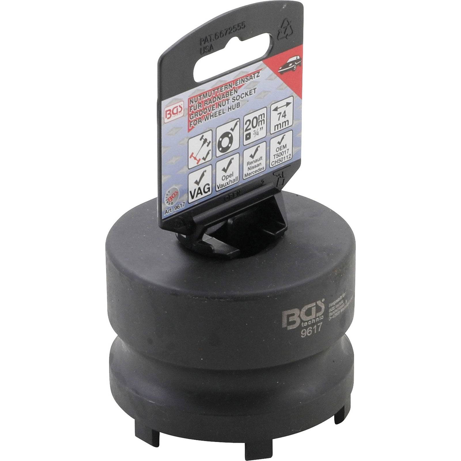 Eine schwarze 4-Nocken-Radnabenmutternuss, Modell BGS 9617, dargestellt mit Verpackung, die Spezifikationen zeigt: 1/2-Zoll-Antrieb, 20Nm Drehmoment, 74mm Größe.