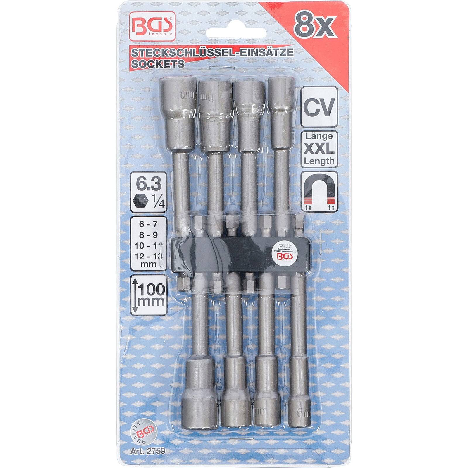 BGS Steckschlüssel-Einsatz-Satz Sechskant extra lang Antrieb Außensechskant 6,3 mm (1/4") für Bohrmaschinen SW 6 - 13 mm 8tlg. - 2759