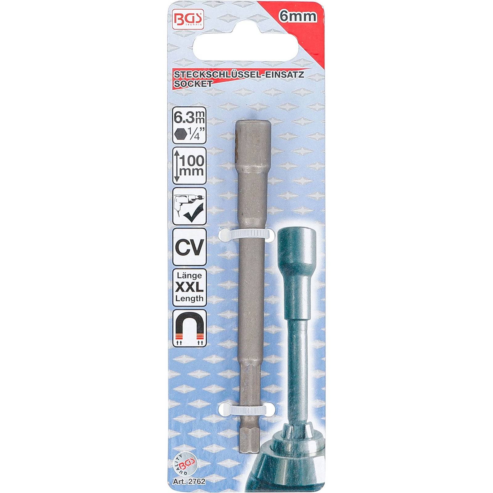 6mm Steckschlüssel-Einsatz Socket, 100 mm lang, mit Sechskant-Kopf, konzipiert für 1/4-Zoll-Antriebssysteme.