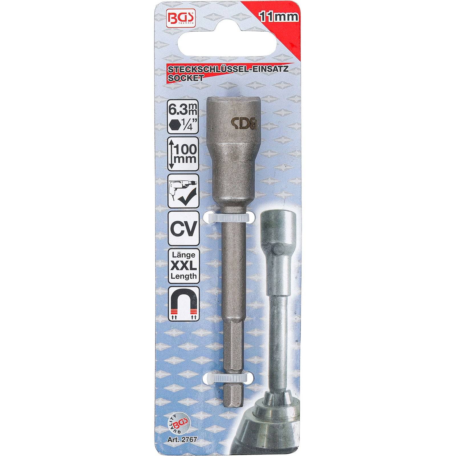 11-mm-Steckschlüssel mit 6,3-mm-(1/4-Zoll)-Antrieb, 100 mm Länge. Aus Chrom-Vanadium-Material, XXL-Länge, magnetische Spitze, von BGS.