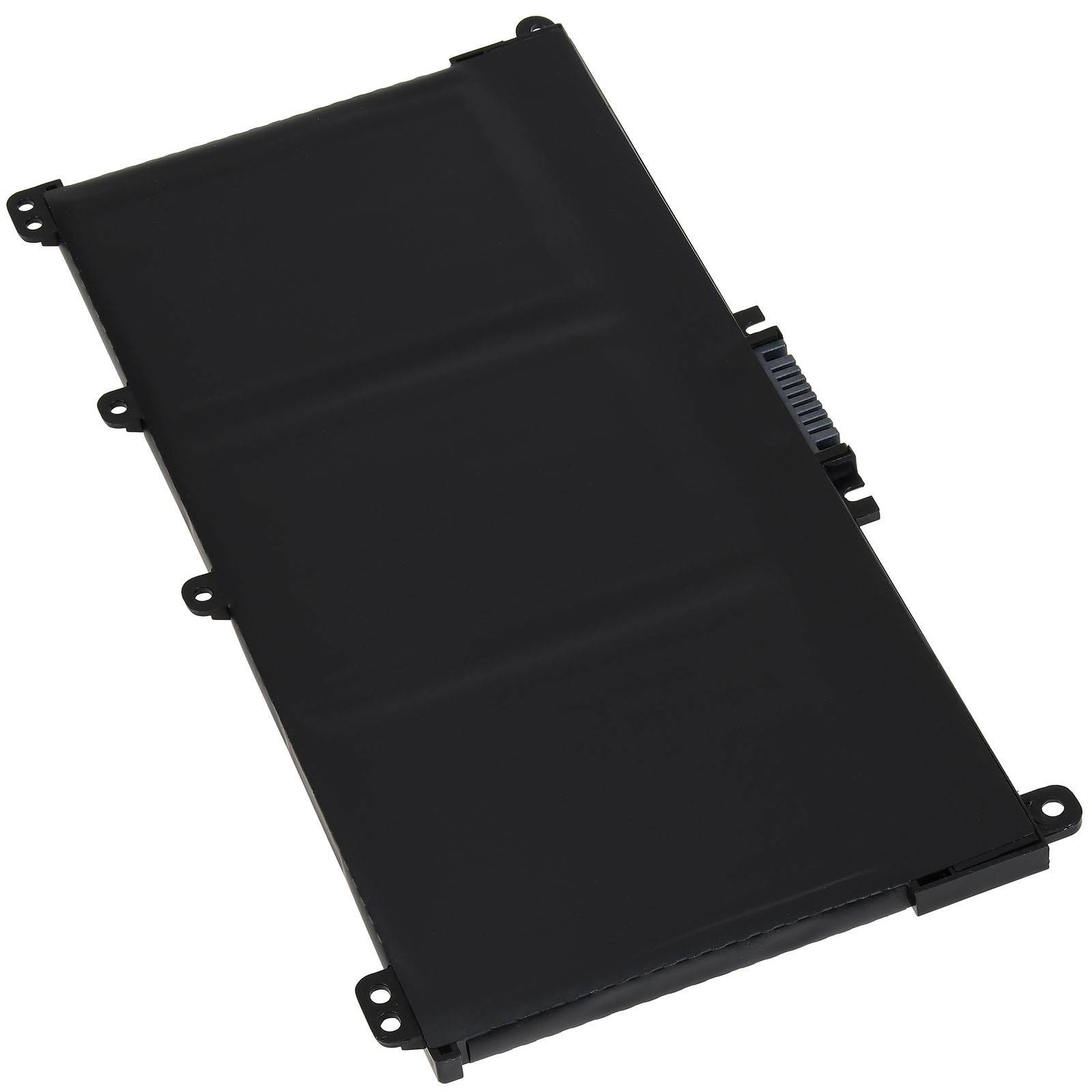 Eine rechteckige schwarze Laptop-Batterie mit Anschlusspins an der Seite, die für den internen Einsatz in digitalen Geräten konzipiert ist.