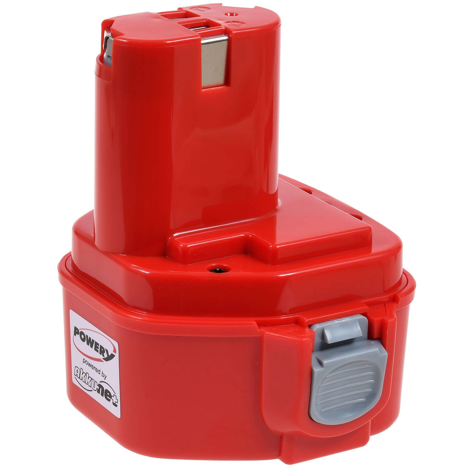 Eine rote Ersatz-Elektrowerkzeug-Batterie mit grauem Entriegelungsclip, konzipiert für die Verwendung in kabellosen Bohrmaschinen.