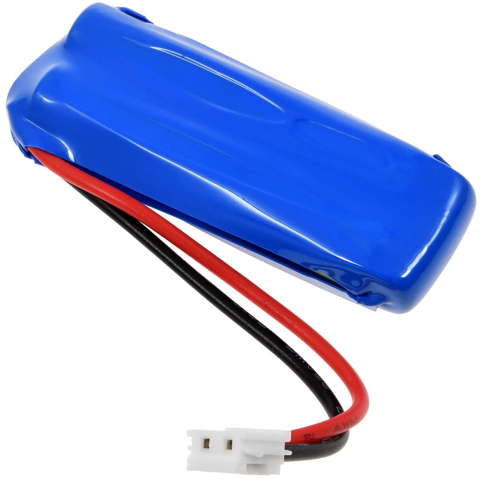 Blauer Akku mit roten und schwarzen Kabeln, die in einem weißen Stecker auf weißem Hintergrund enden.