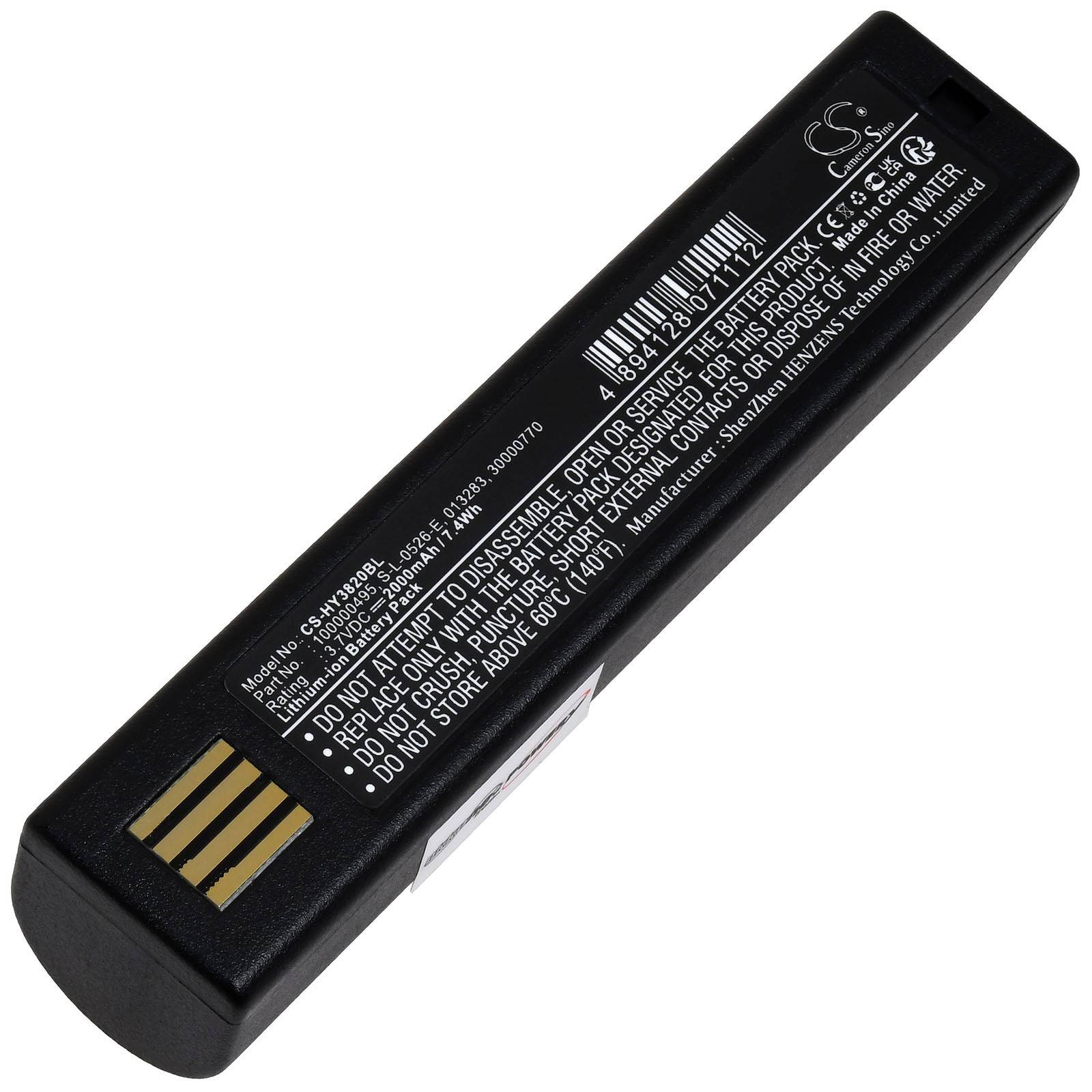 Schwarzes wiederaufladbares Batteriepack, diagonal auf weißem Hintergrund angeordnet, mit Sicherheitswarnungen und Barcode beschriftet.