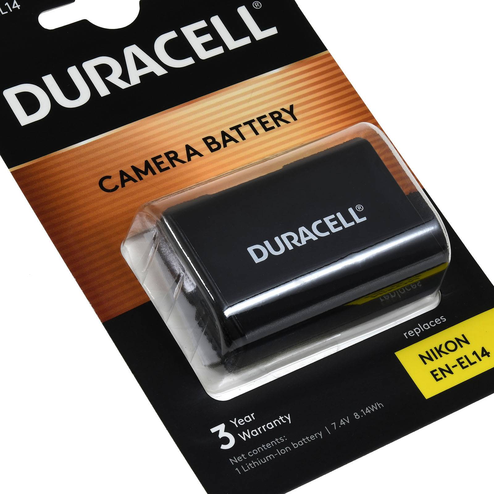 Duracell Kamerabatterie-Paket für Nikon EN-EL14, mit einer Lithium-Ionen-Batterie und 3-Jahres-Garantietext.