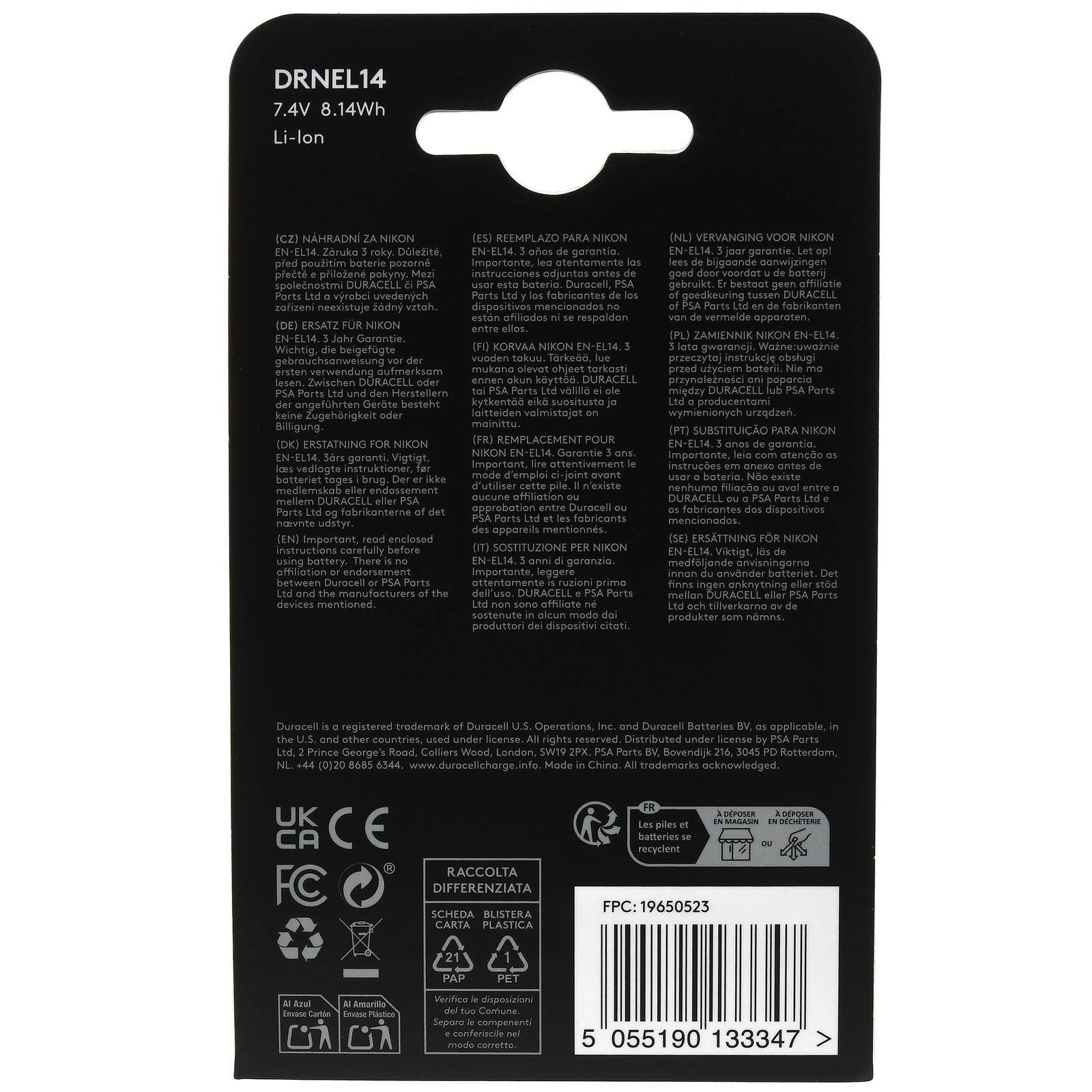 Schwarze DRNEL14 7,4V Li-Ionen-Batterieverpackung mit mehrsprachigem Sicherheitstext, Recycling-Symbolen und Barcode-Etikett am unteren Rand.