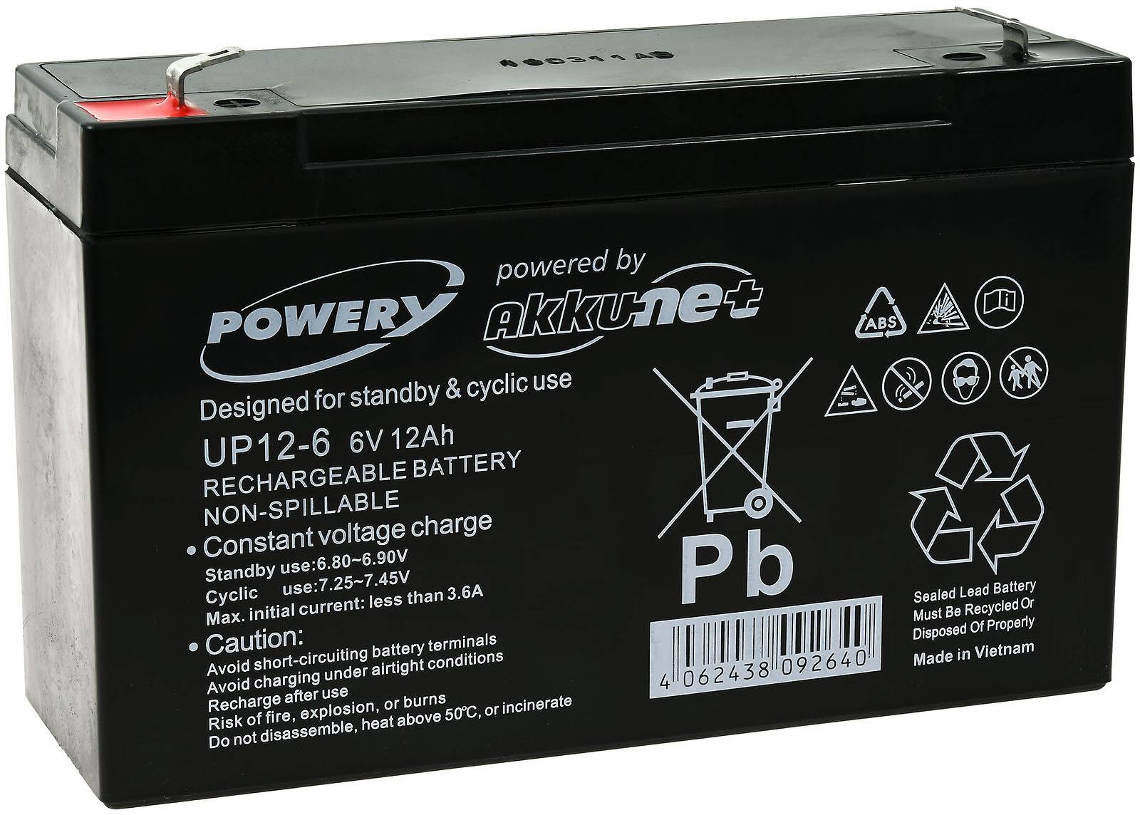 Powery Powery Blei-Gel-Akku für USV Notstrom Notbeleuchtung 6V 12Ah (ersetzt auch 10Ah), 6V, Lead-Acid