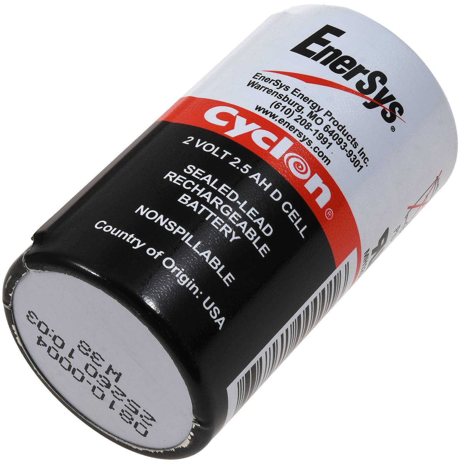Eine Energizer Cyclon 2-Volt-Bleiakkumulator-Batterie, diagonal dargestellt mit sichtbarer Produktkennzeichnung.