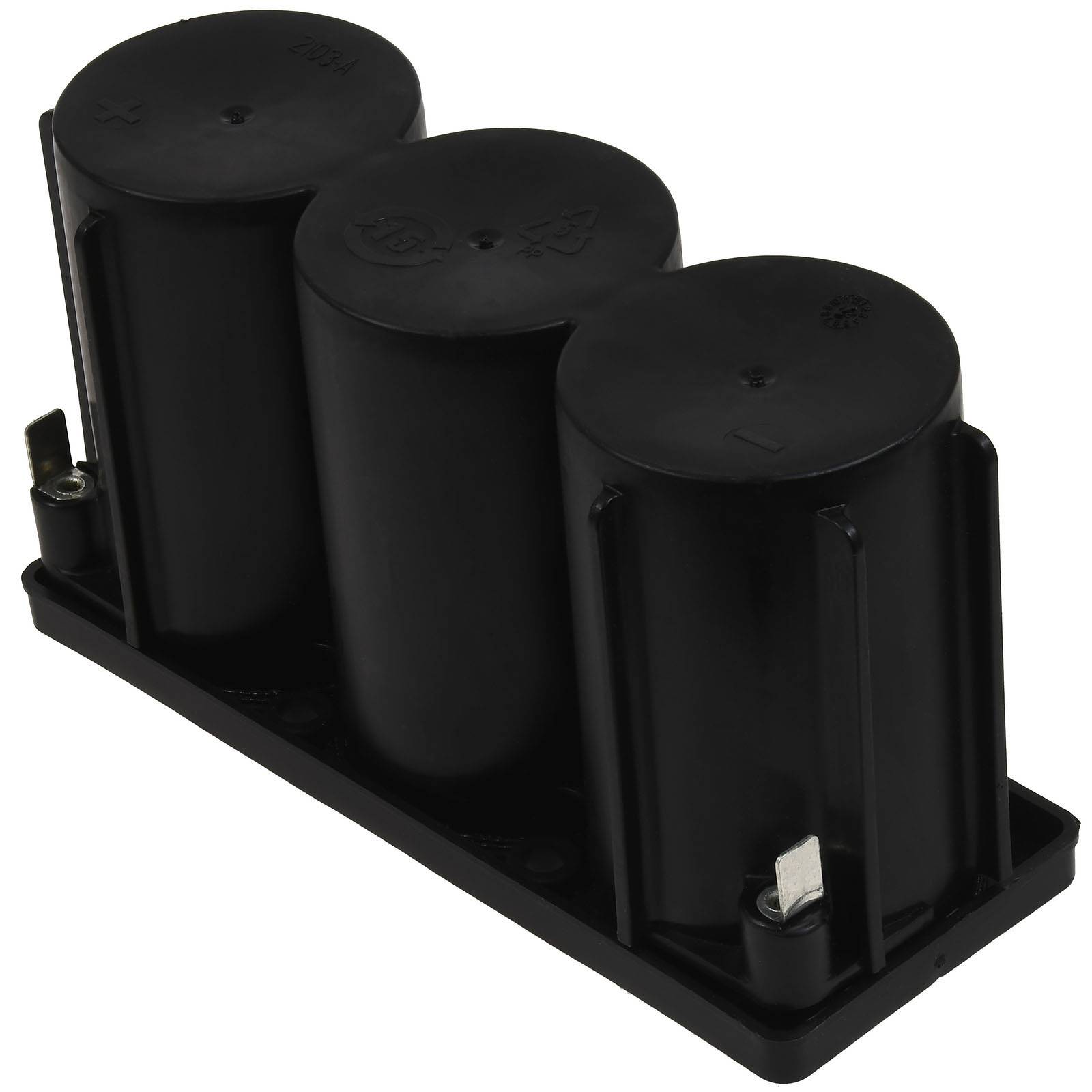 Schwarzer Kunststoff-Batterieholder mit drei zylindrischen Fächern in einer Reihe, fotografiert auf weißem Hintergrund.
