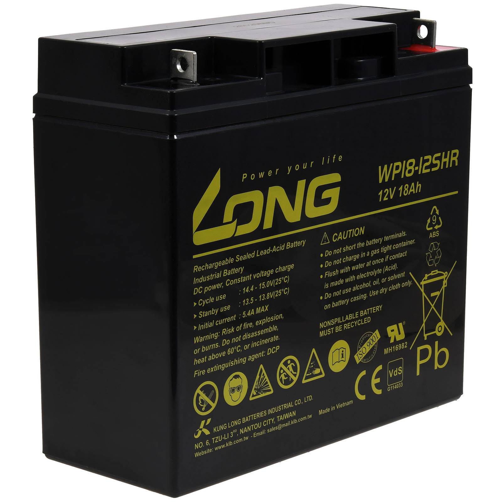 Powery KungLong Bleiakku WP18-12SHR VdS Ersatz für FIAMM Typ FG21803, 12V, Lead-Acid