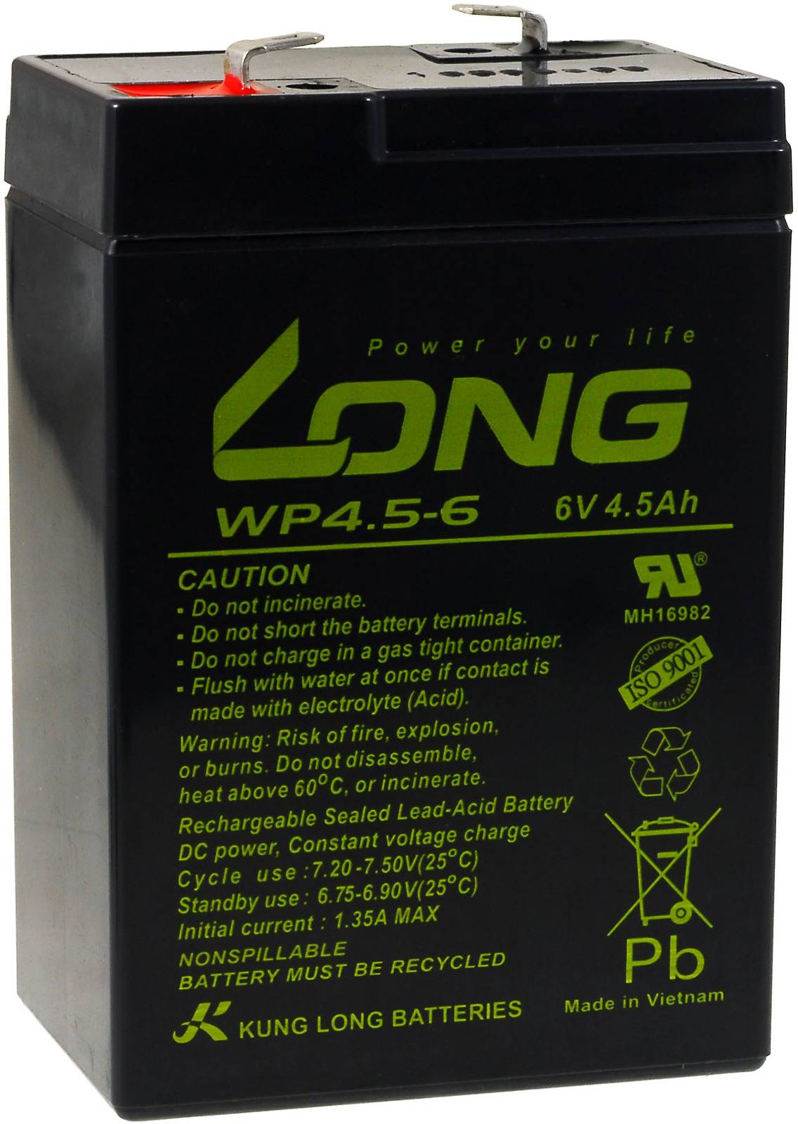 Powery KungLong Bleiakku WP4.5-6 Ersatz für FIAMM Typ FG10451, 6V, Lead-Acid