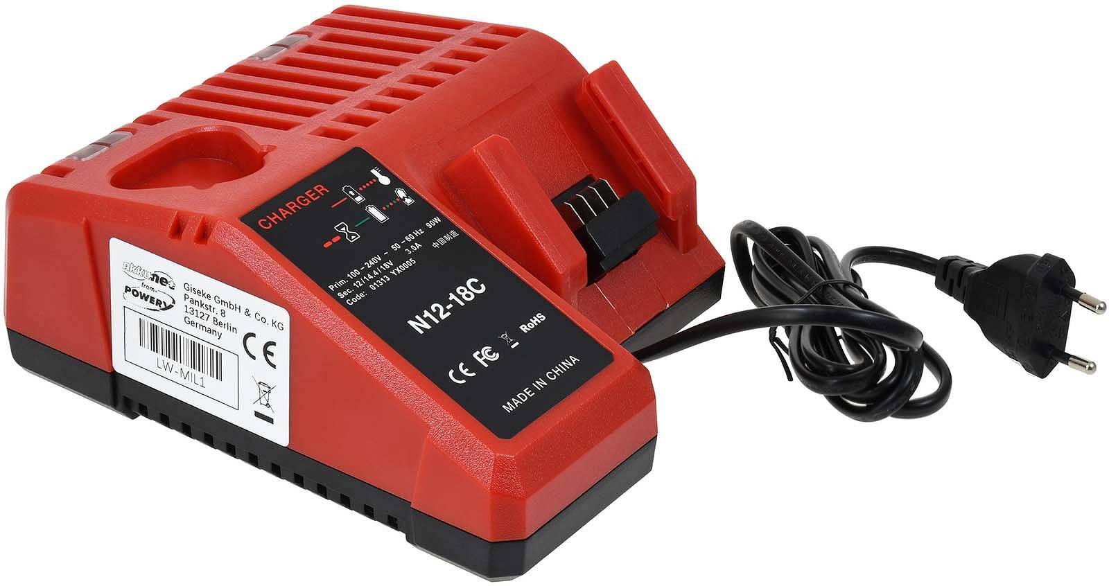 Powery Ladegerät kompatibel mit Milwaukee M12-18FC für 12V - 18V Stab-u. Schiebeakkus, 12V-18V