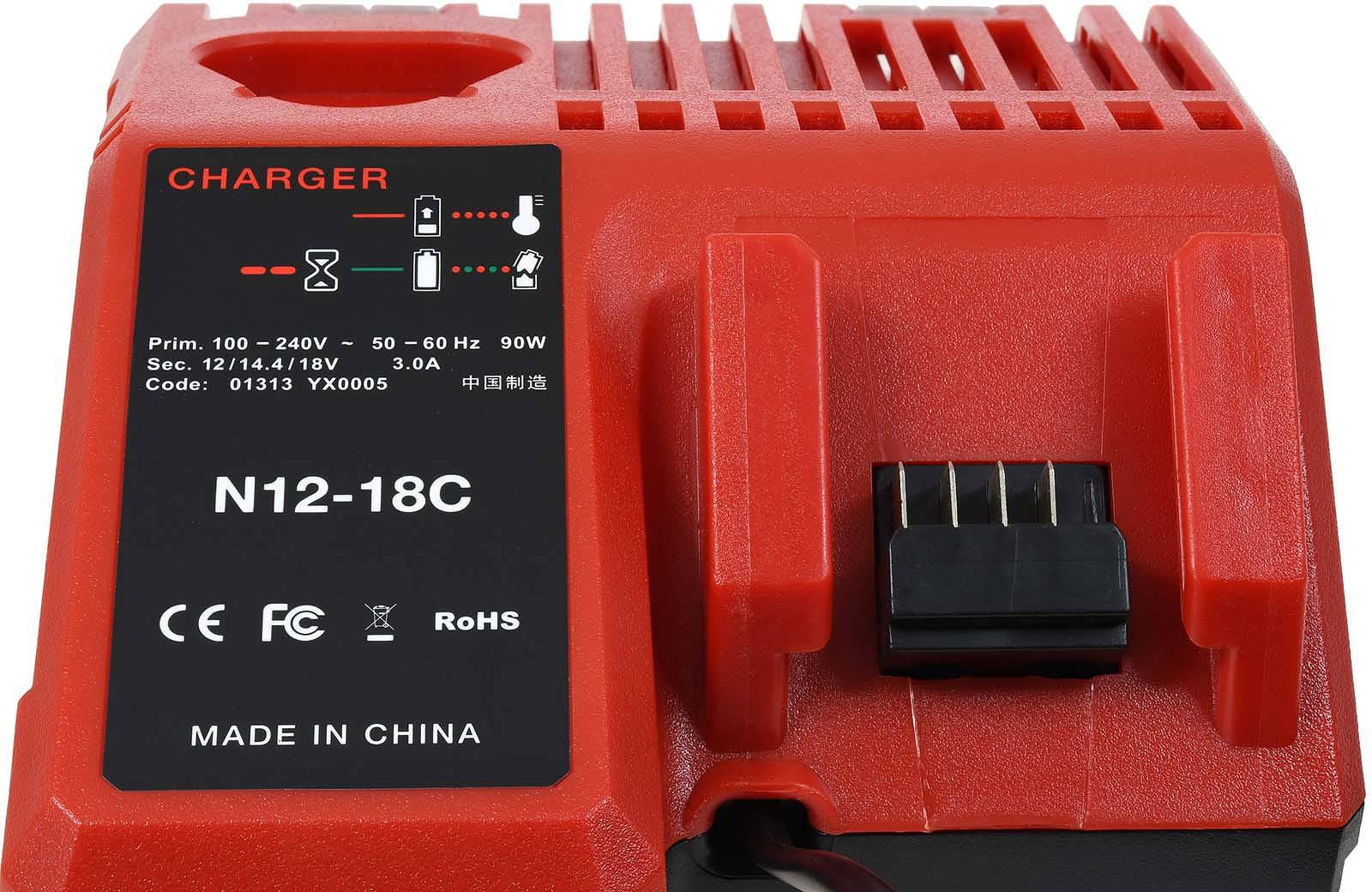 Powery Ladegerät kompatibel mit Milwaukee M12-18FC für 12V - 18V Stab-u. Schiebeakkus, 12V-18V