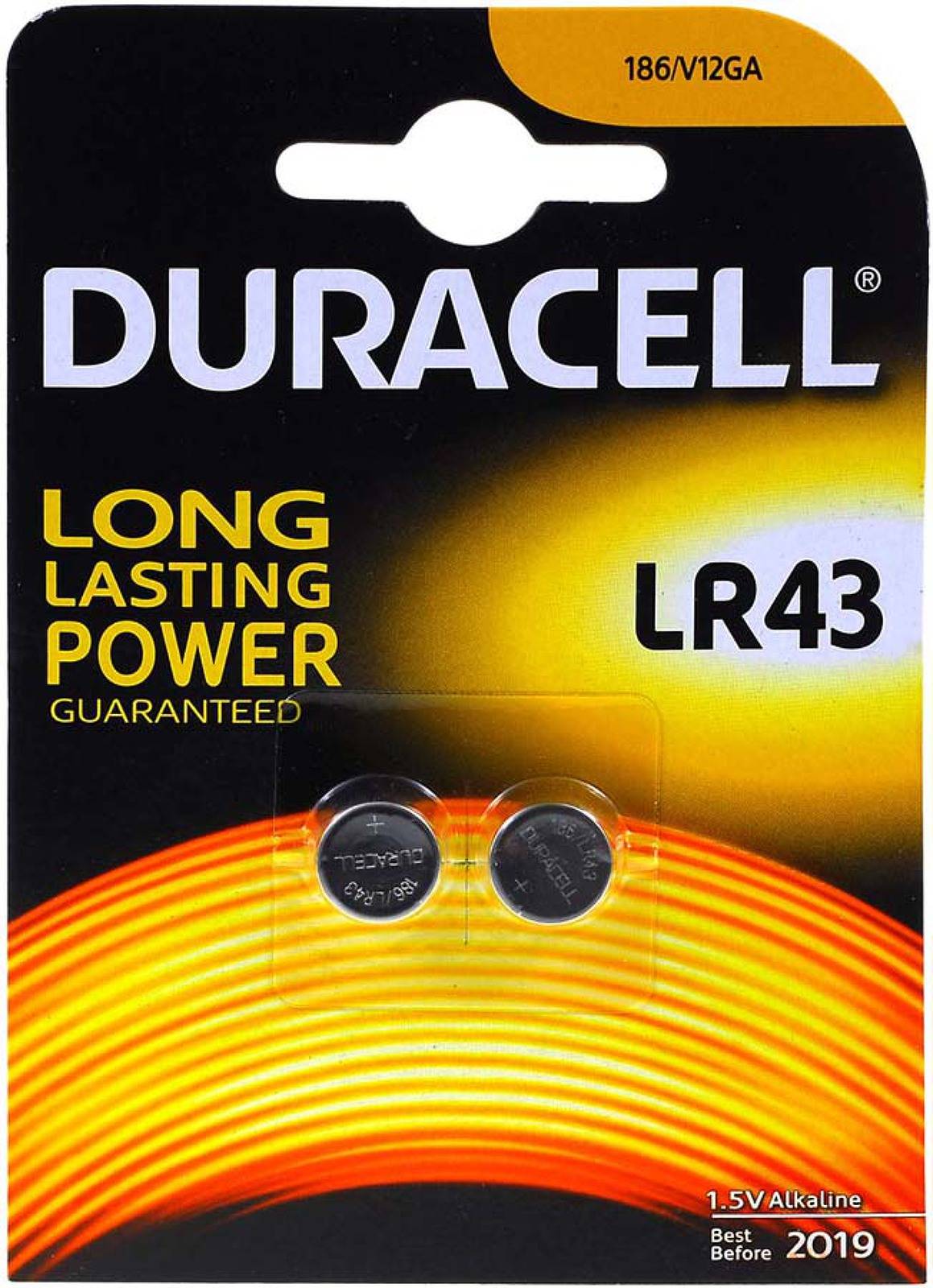 Duracell Knopfzelle LR43 LR1142 AG12 V12GA 2er Blister, 1,5V, Alkaline