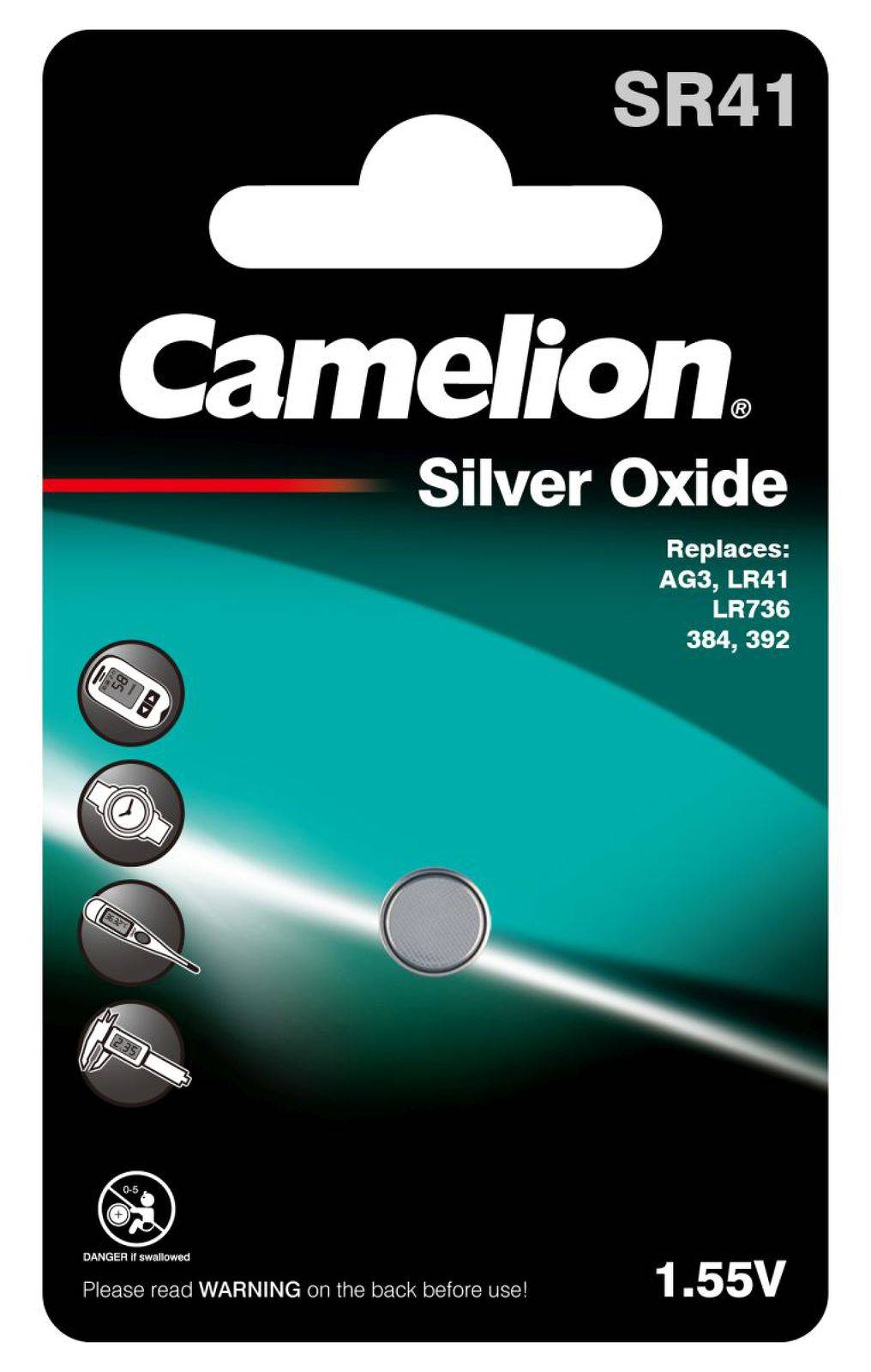 Camelion Silberoxid-Knopfzelle SR41/SR41W / G3 / 392 / LR41 / 192 1er Blister, 1,5V, Silberoxid