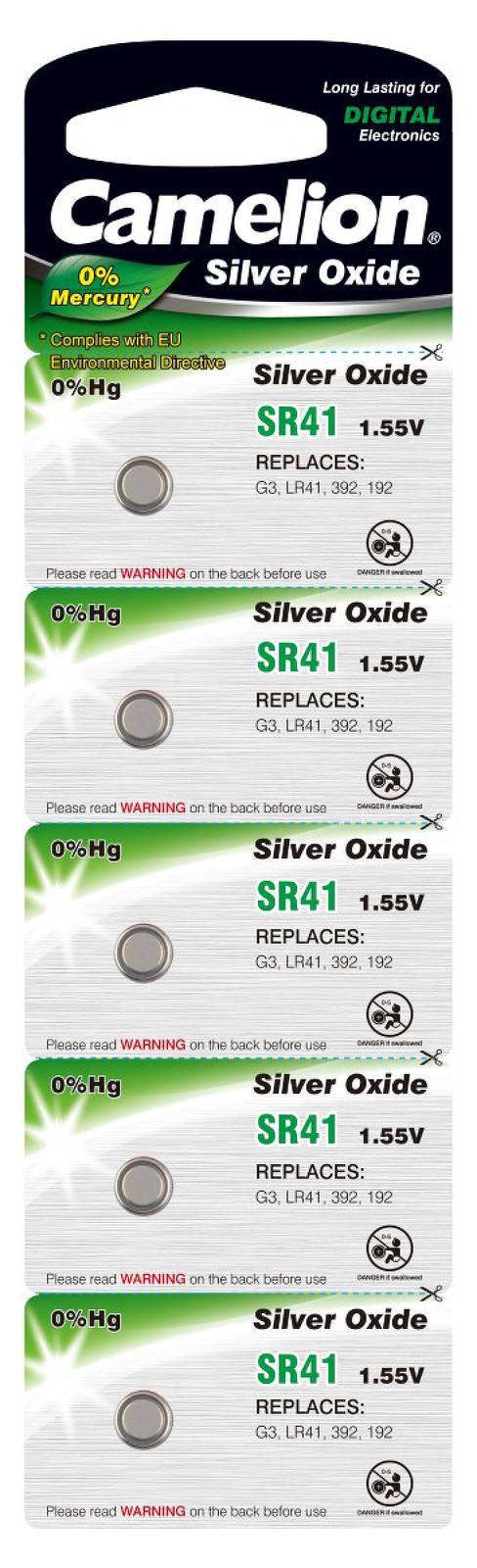 Camelion Silberoxid-Knopfzelle SR41/SR41W / G3 / 392 / LR41 / 192 5er Blister, 1,5V, Silberoxid