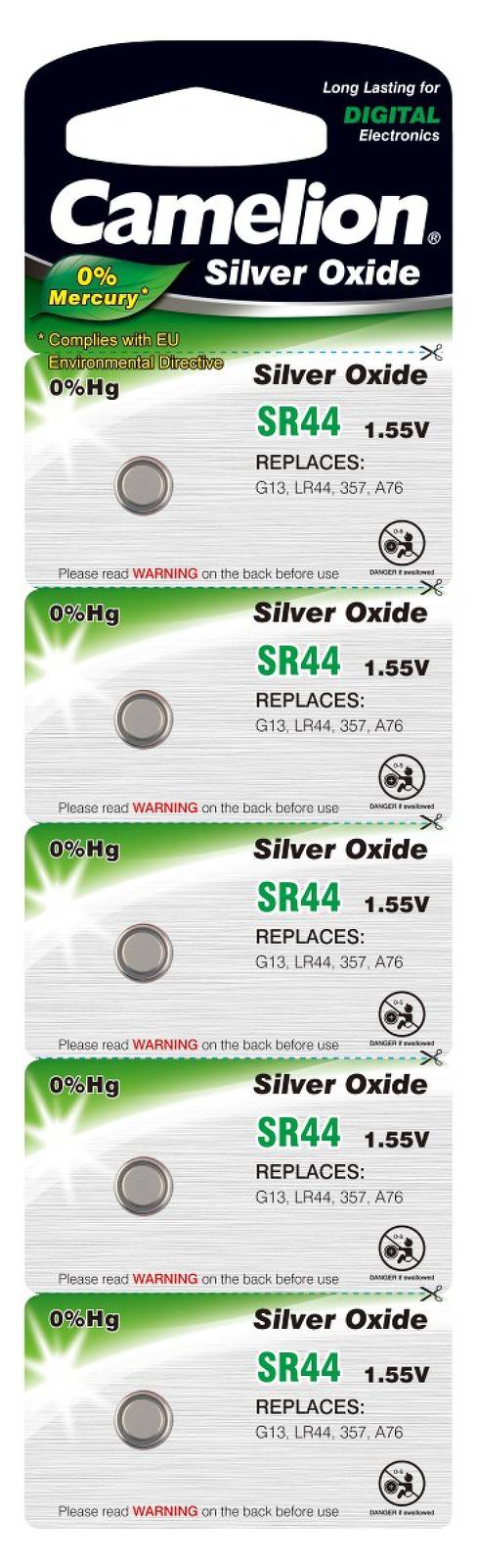 Camelion Silberoxid-Knopfzelle SR44 / G13 / LR44 / 357 / A76 5er Blister, 1,5V, Silberoxid