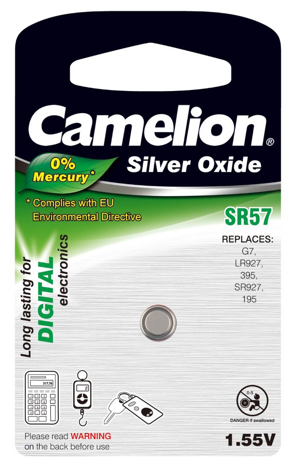 Camelion Knopfzelle, Uhrenbatterie SR57/R57W/G7/LR927/395/SR927/195 1er Blister, 1,55V, Silberoxid