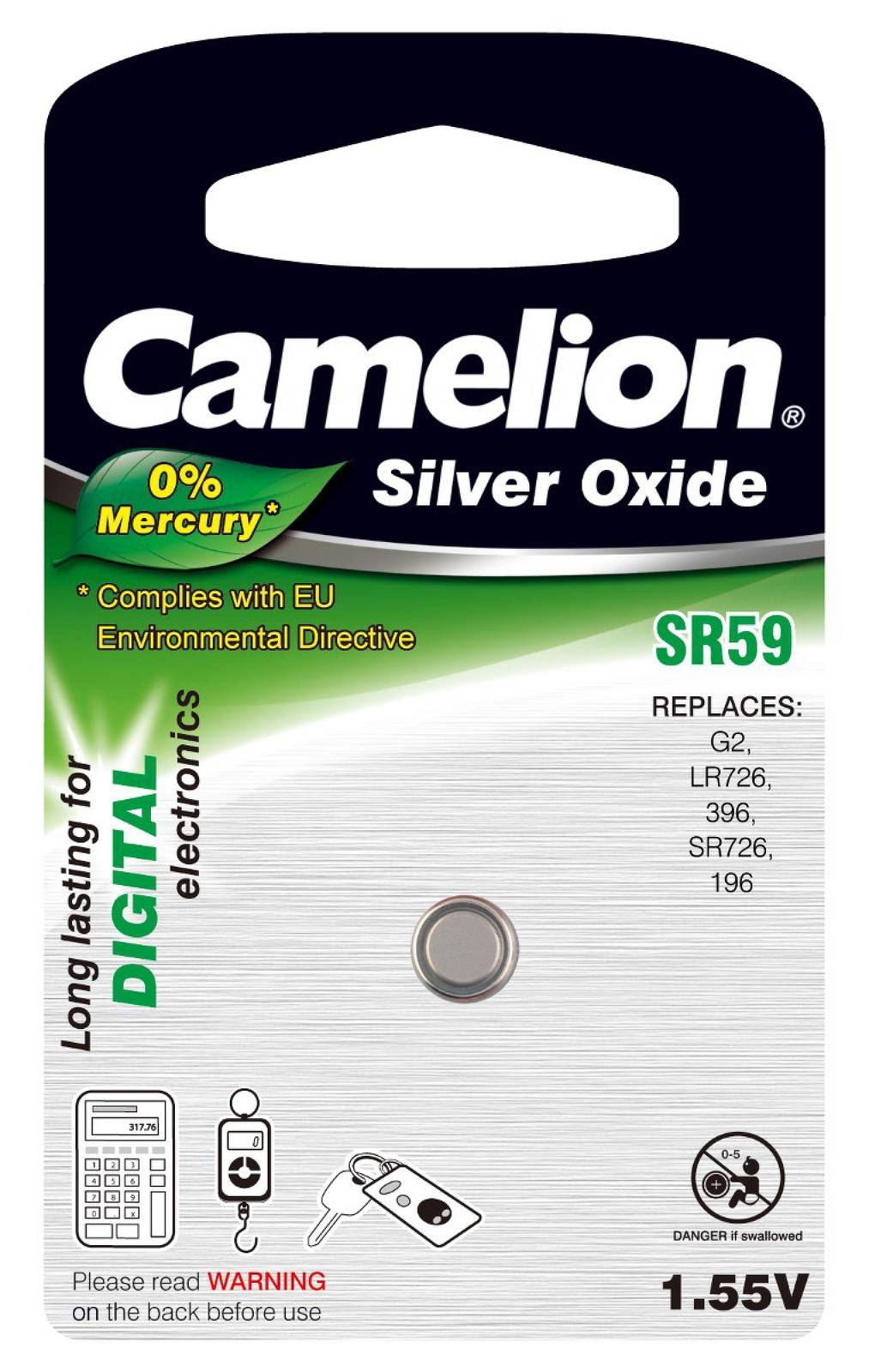 Camelion Silberoxid-Knopfzelle SR59 / SR59W / G2 / LR726 / 396 / SR726 / 196 1er Blister, 1,55V, Silberoxid