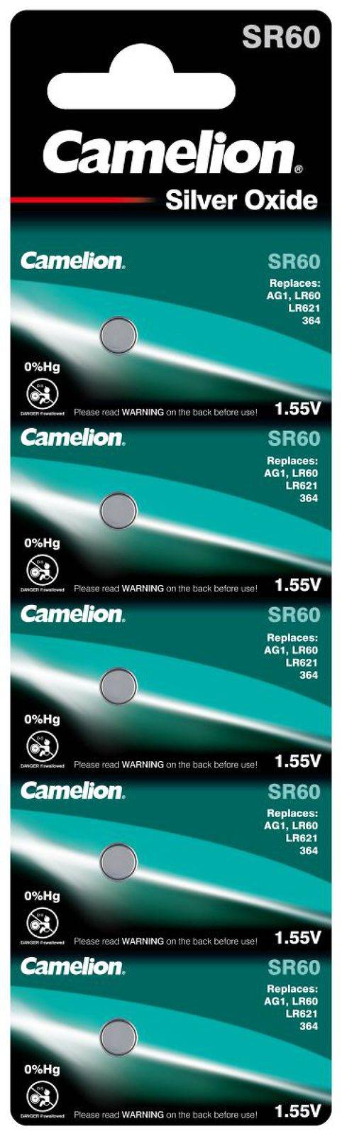 Camelion Silberoxid-Knopfzelle SR60 / SR60W / G1 / LR621 / 364 / SR621 / 164 5er Blister, 1,55V, Silberoxid