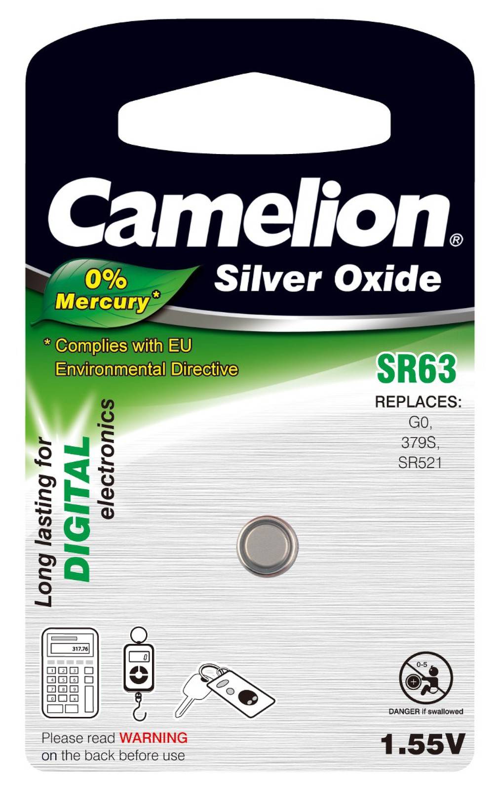 Camelion Batterie für Uhren SR63 / SR63W / G0 / 379 / 379S / SR521 1er Blister, 1,55V, Silberoxid