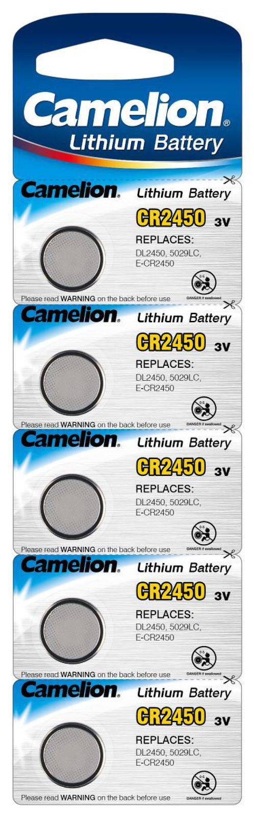 Camelion Lithium Batterie CR2450 3V für Uhren, Teelichter, Kamera, Taschenrechner 5er Blister, 3,0V, Lithium