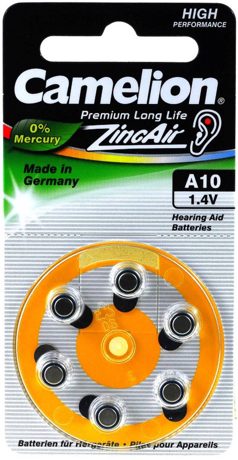 Camelion Hörgerätebatterie A10 ZL10 PR70 PR536 AE10 DA10 10AE V10AT PR230 6er Blister, 1,4V, Zink-Luft