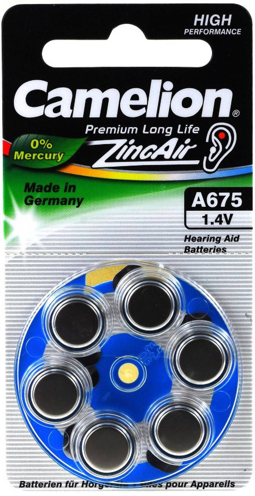 Camelion Hörgerätebatterie A675 ZL675 PR1154 AE675 V675AT DA675 PR44 6er Blister, 1,4V, Zink-Luft