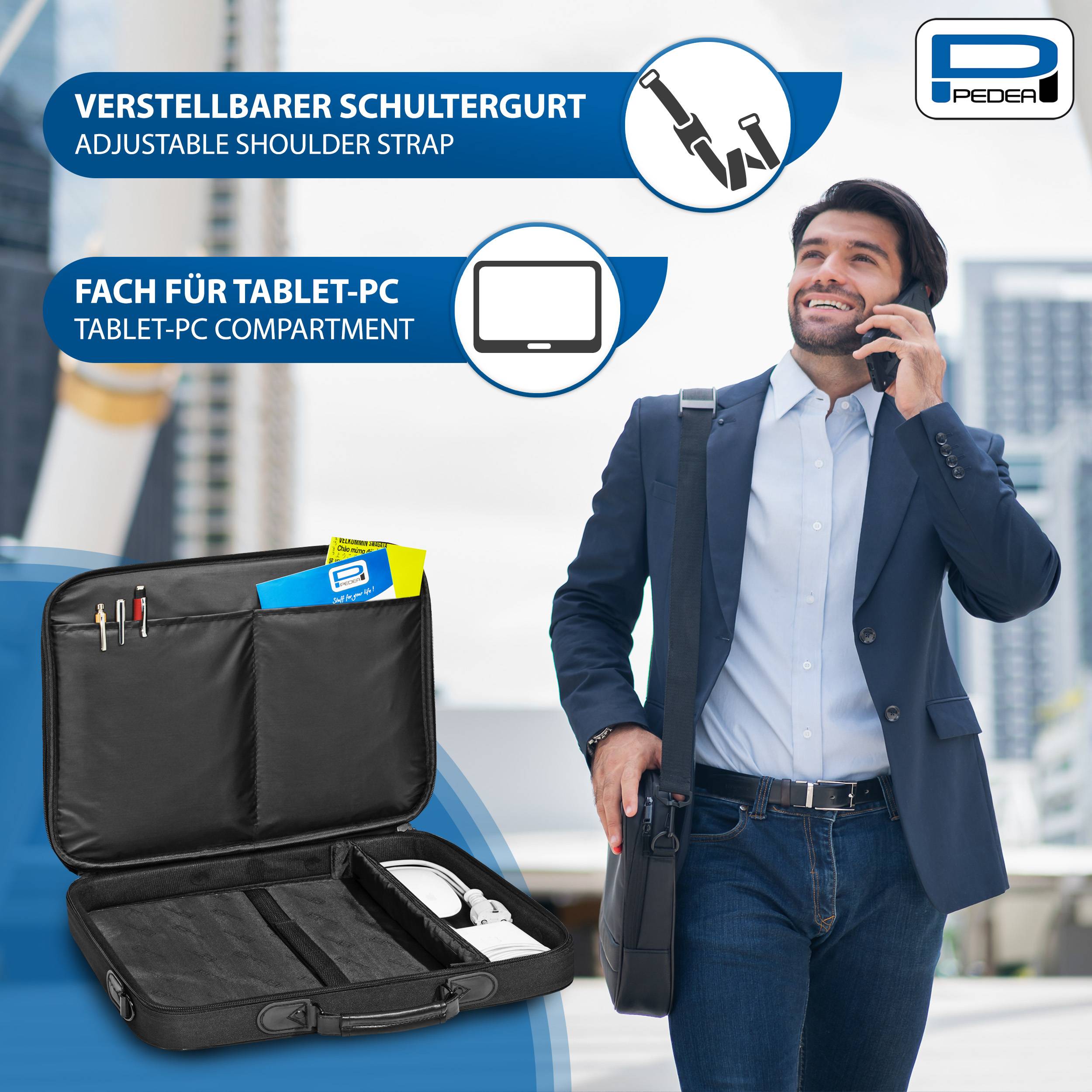 Werbebild eines Mannes im Anzug, der eine Laptoptasche mit verstellbarem Schultergurt und Tablet-Fach verwendet; Tasche offen gezeigt mit organisierten Taschen.