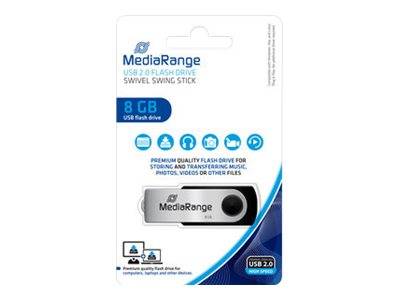 MediaRange 8 GB USB 2.0 Dreh-Speicherstick-Paket, frontal abgebildet mit Produktbild und blau-weißem Einzelhandelsdesign.
