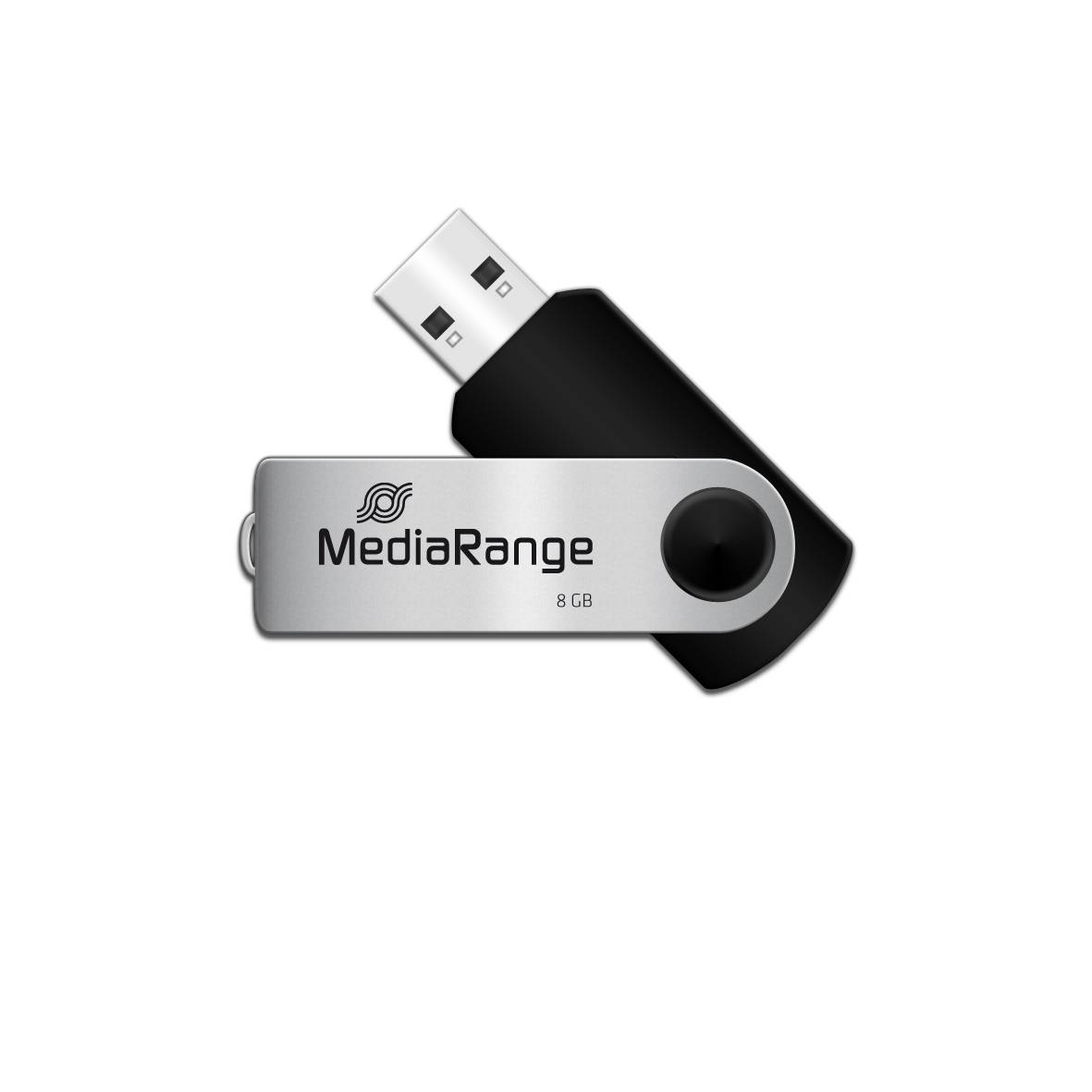 Zwei überlappende USB-Speichersticks, ein silberner MediaRange-Stick mit 8 GB vor einem schwarzen Stick, isoliert auf weißem Hintergrund.