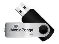 Ein schwarzes und silbernes MediaRange USB-Speicherlaufwerk mit sichtbarem Logo.