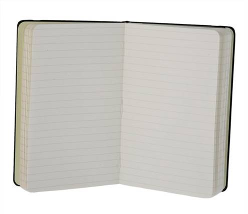 Leeres liniertes Notizbuch mit cremefarbenen Seiten, von oben betrachtet vor weißem Hintergrund.