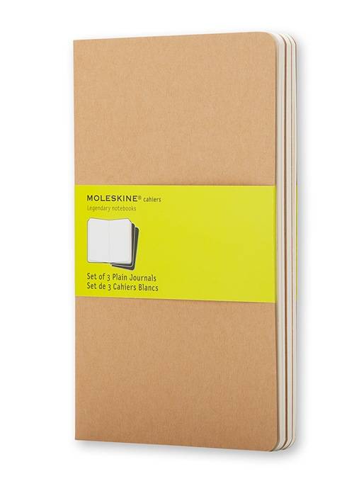 Packung mit drei Moleskine-Notizbüchern mit einfarbigen Seiten, Umschlag aus beigem Karton und leuchtend gelbem Etikett.
