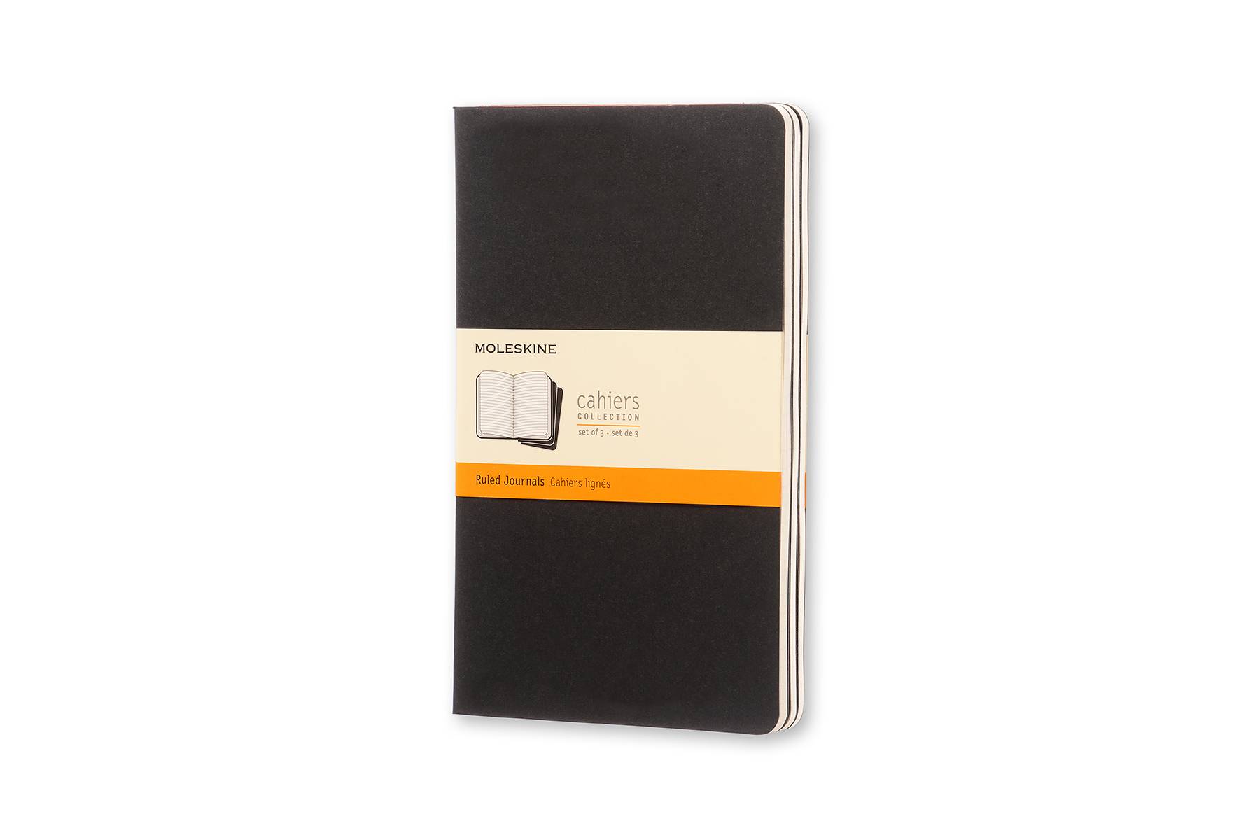 Schwarzes Moleskine Cahiers Notizbuch mit cremefarbenem Etikett und orangem Band, geschlossen auf weißem Hintergrund dargestellt.